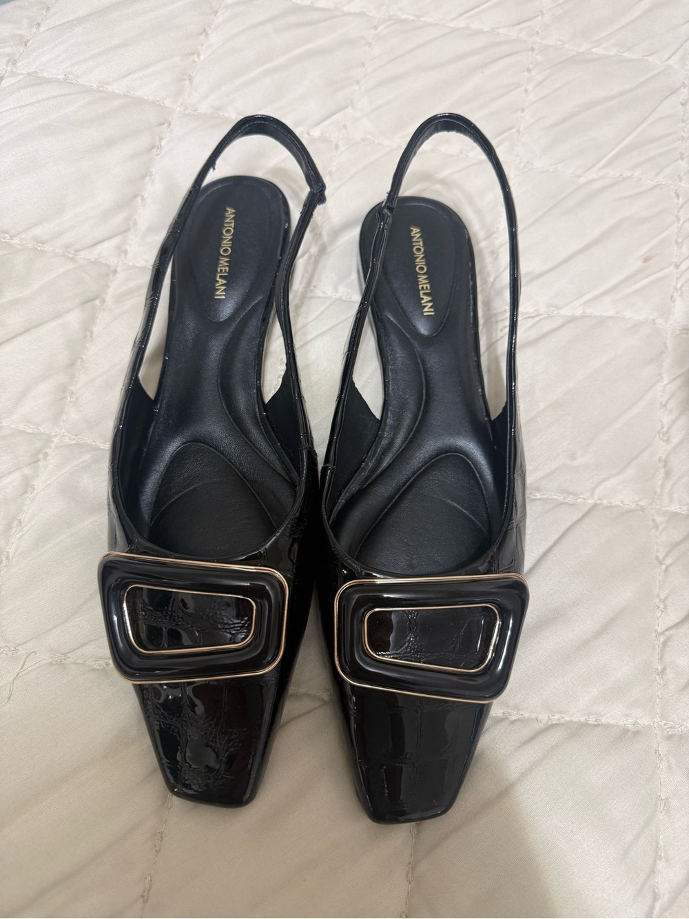 ANTONIO MELANI Black Patent Slingback Mules with Gold-Trim Buckles